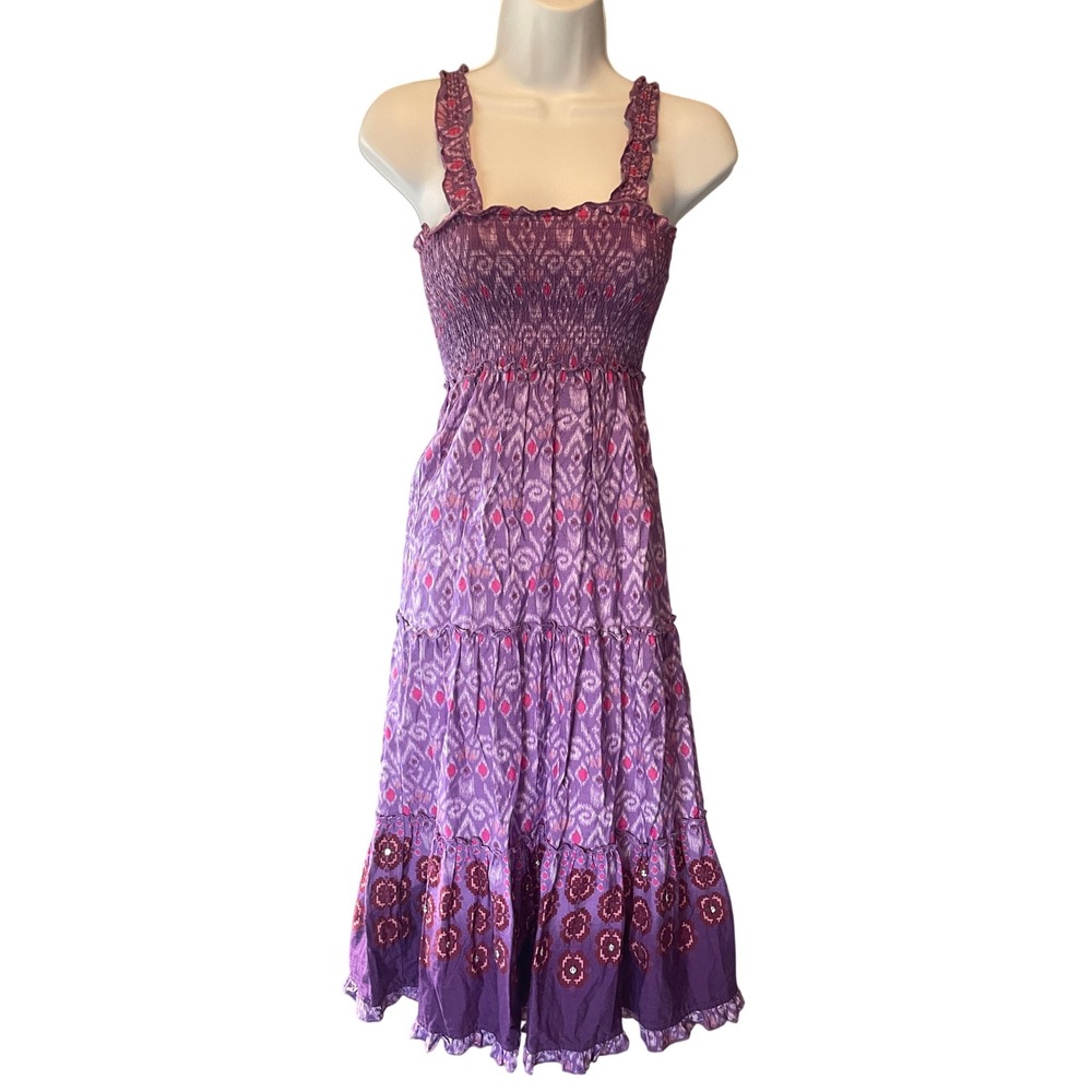 Mudd Y2K Milkmaid Festival Boho Tiered Smocked Ruffle Sequin Maxi Dress Small